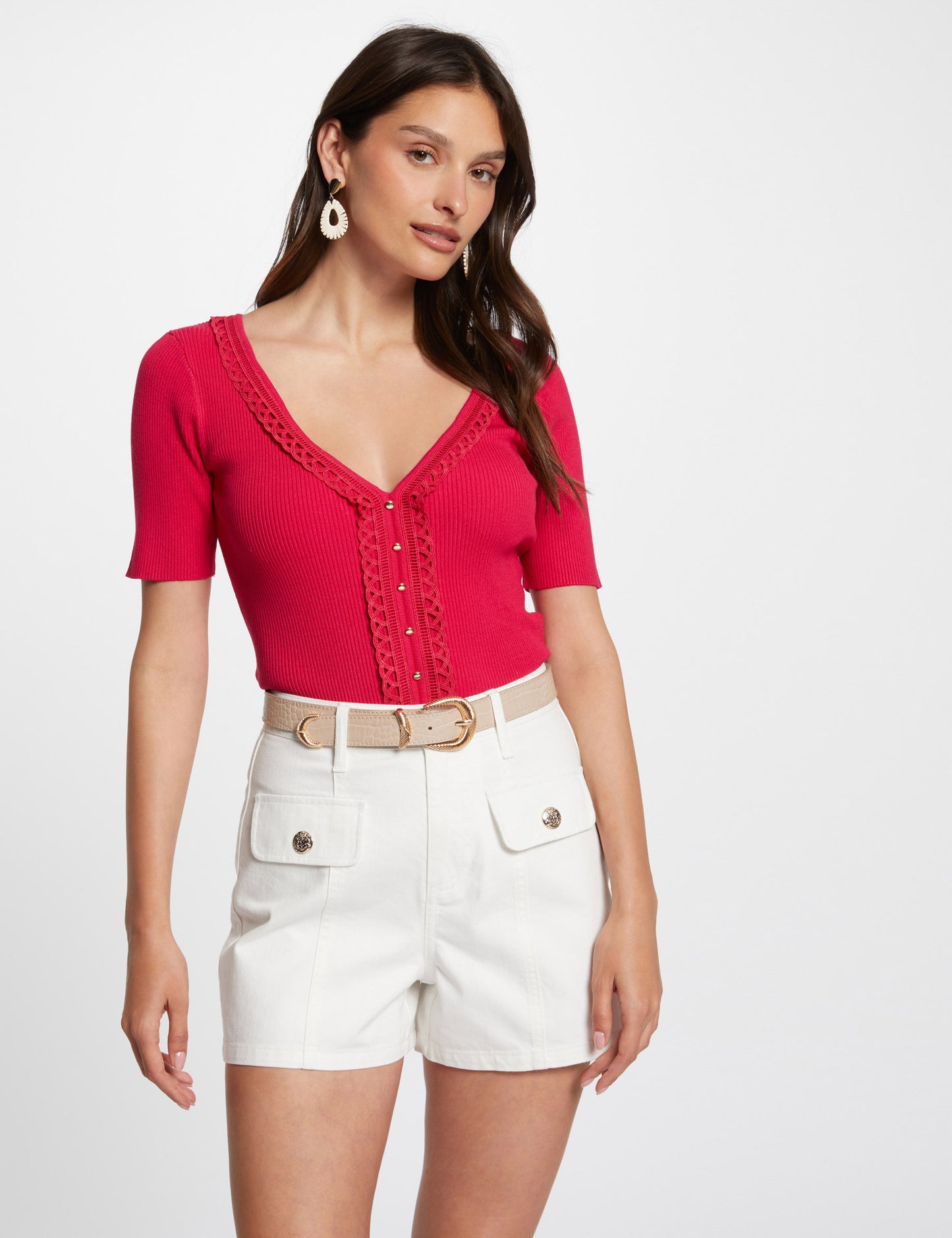 Vrouwelijke geribde trui met kantdetails - framboos