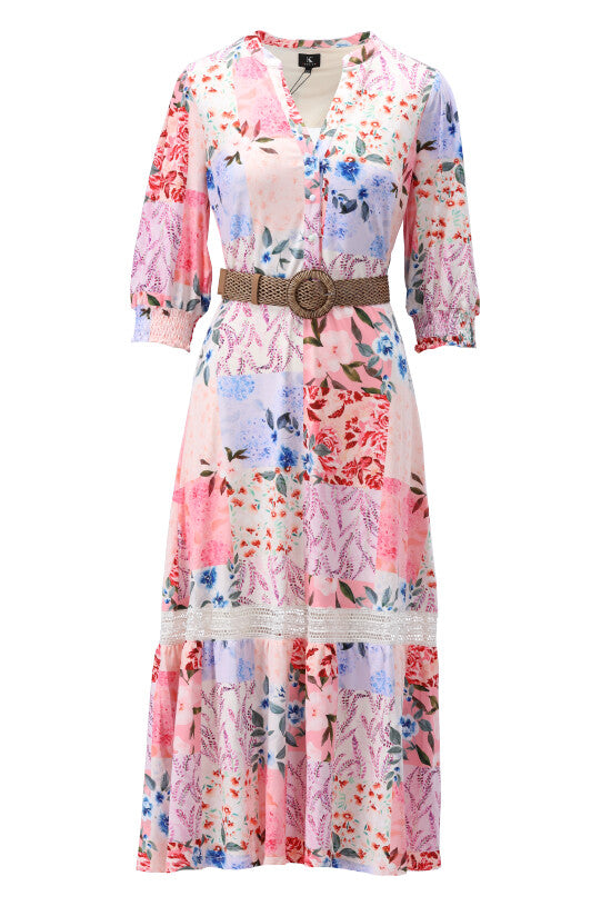 K-Design - Jurk (maxi), bloemen patchwork print & RIEM (W119)