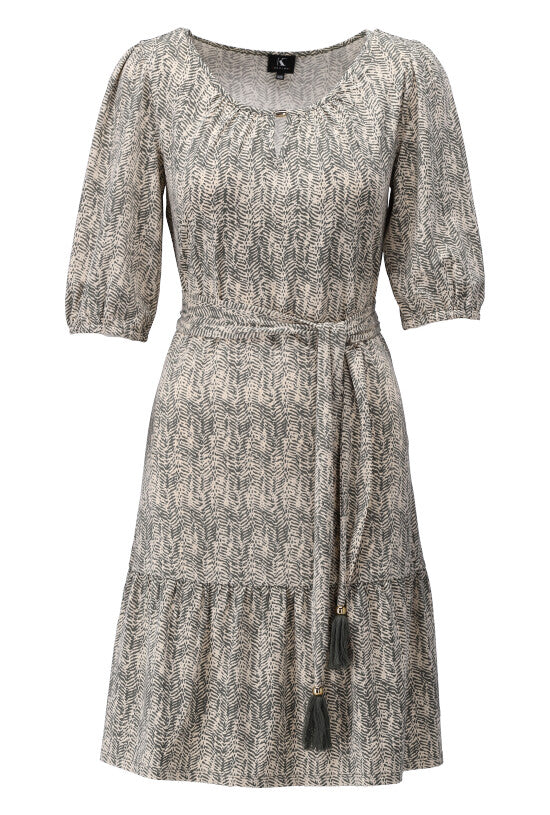 K-Design - Jurk (midi) met print, volant & riem (W201)