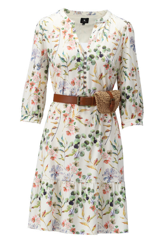 K-Design - Jurk, bloemenprint, volant & RIEM / heuptasje (W216)