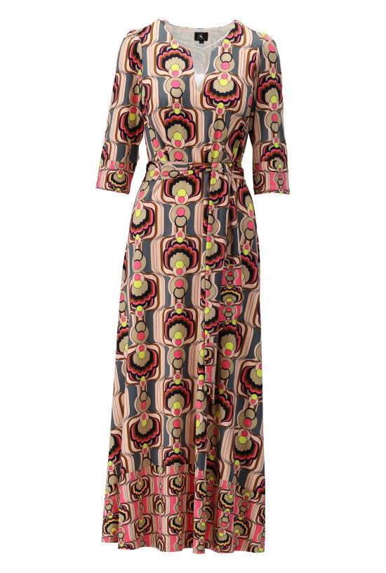 K-Design - Jurk (midi) 2/3 mouwen, retro print & riem (W355)