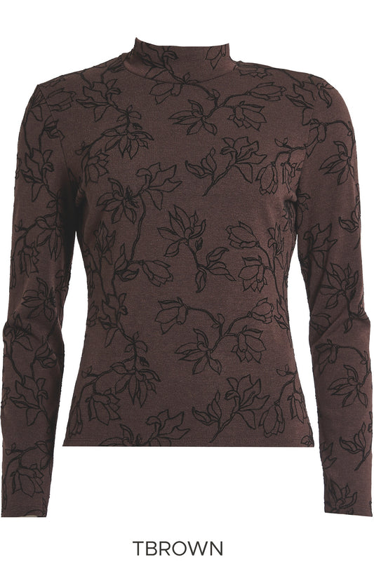 T-shirt met Bloemenjacquard en Opstaande Kraag
