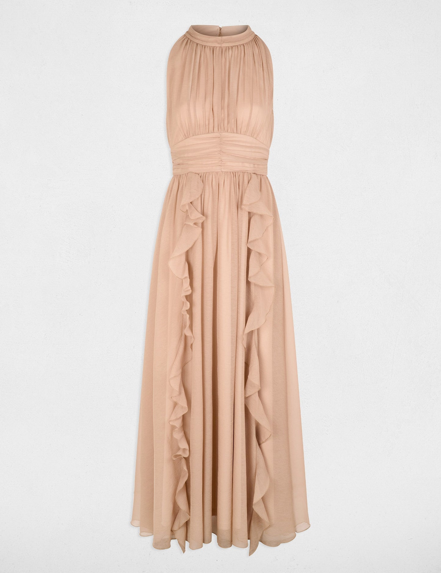 Lange Jurk met Hoge Hals en Volantdetails
