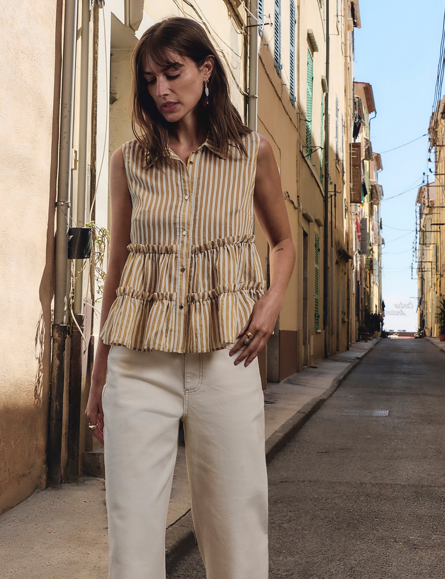 Mouwloze Gestreepte Blouse met Ruches