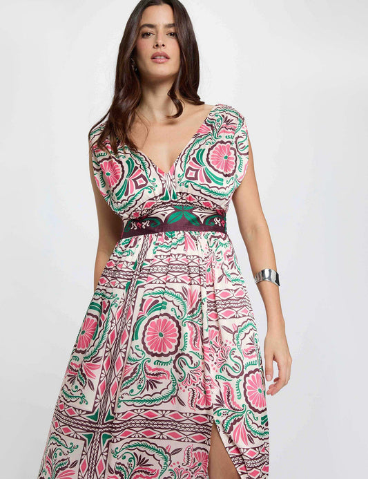 Lange Jurk met Print en Taille-uitsnijdingen