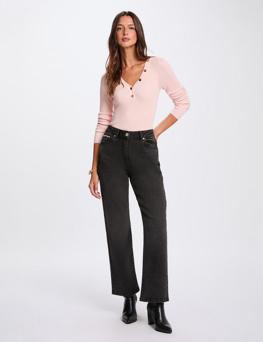 Aansluitende V-hals Trui met Knopen