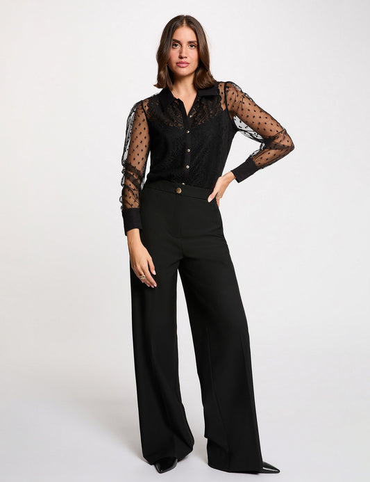 Kanten T-shirt met Lange Mouwen en Reverskraag