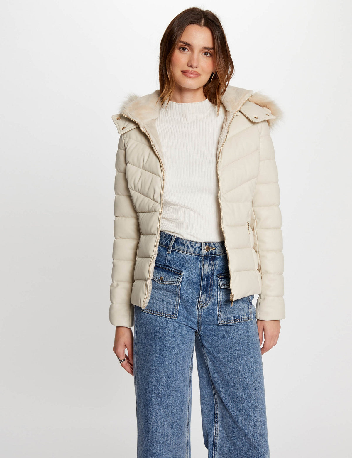 Gewatteerd Imitatieleren Jasje met Faux Fur Capuchon