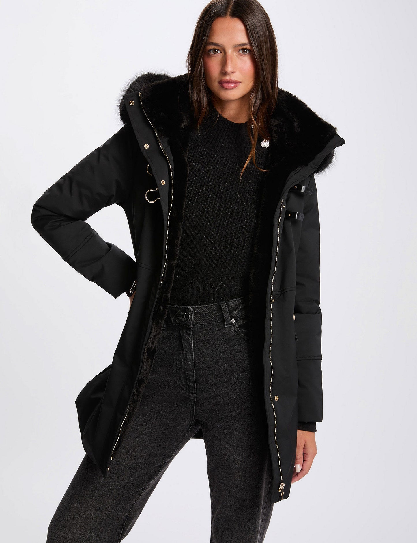Rechte Halflange Parka met Imitatiebont