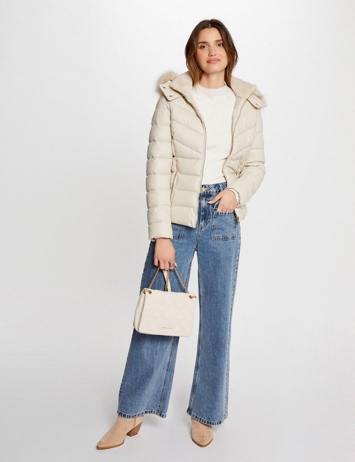 Gewatteerd Imitatieleren Jasje met Faux Fur Capuchon