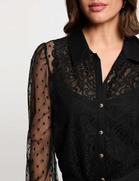 Kanten T-shirt met Lange Mouwen en Reverskraag