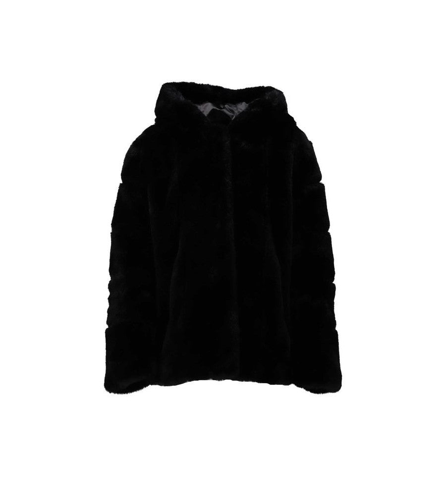K-Design - Veste à capuche en fausse fourrure noire (V913)