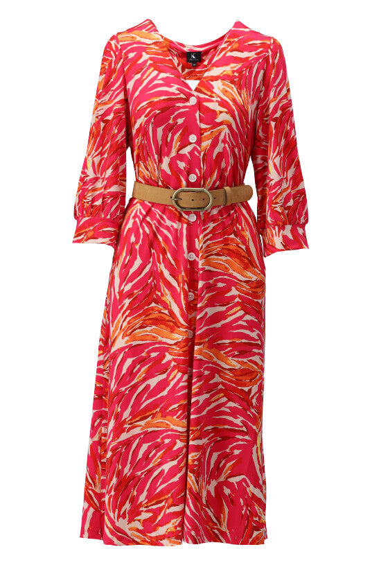 K-Design - Robe (midi), imprimé floral tropical, poches et ceinture (W351)
